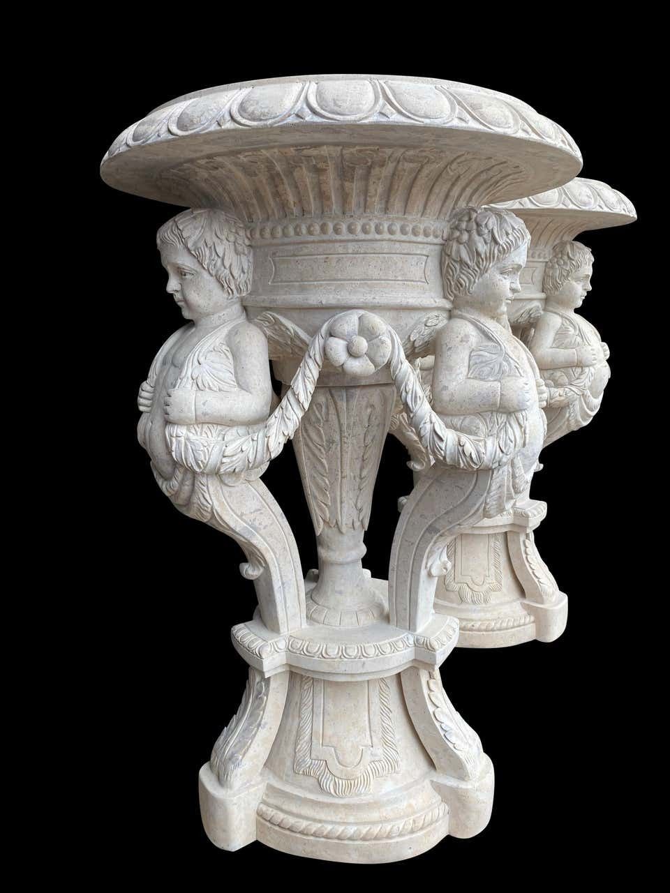 20th Century Large Pair Of Hand Carved Marble Planters photo vintage