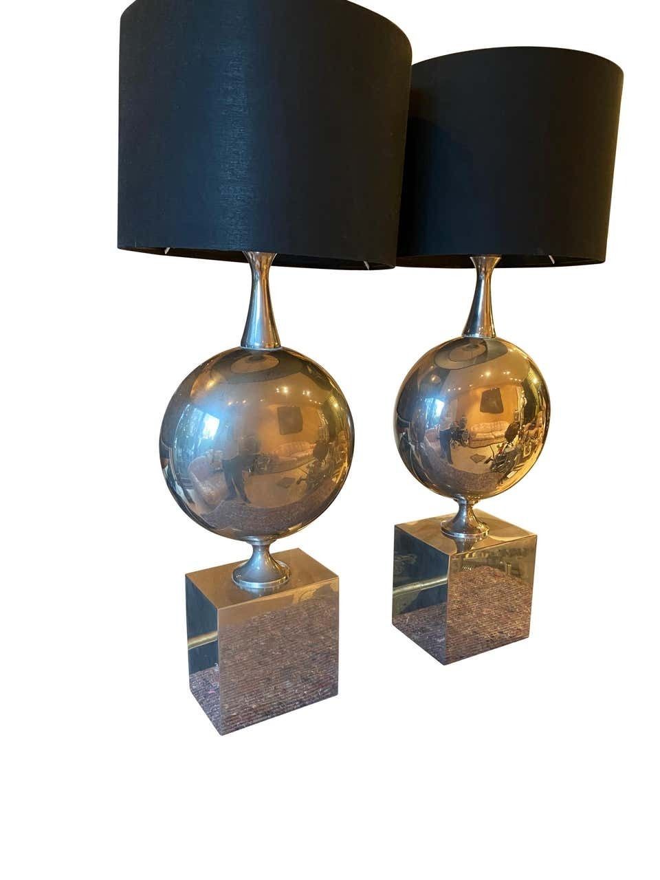 Maison Barbier Pair Of Chromed Steel Table Lamps, 1970s photo 3450.0