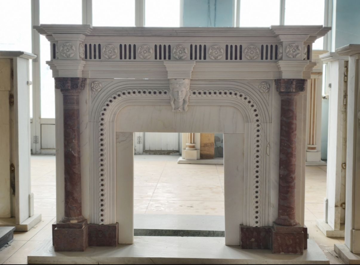 Striking Neoclassical Marble Fireplace Mantle With Red Marble Columns