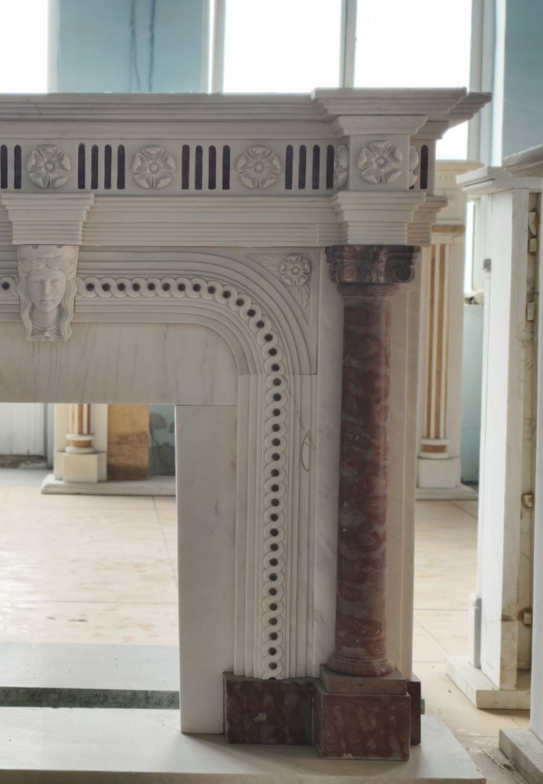 Striking Neoclassical Marble Fireplace Mantle With Red Marble Columns photo Home Fixtures