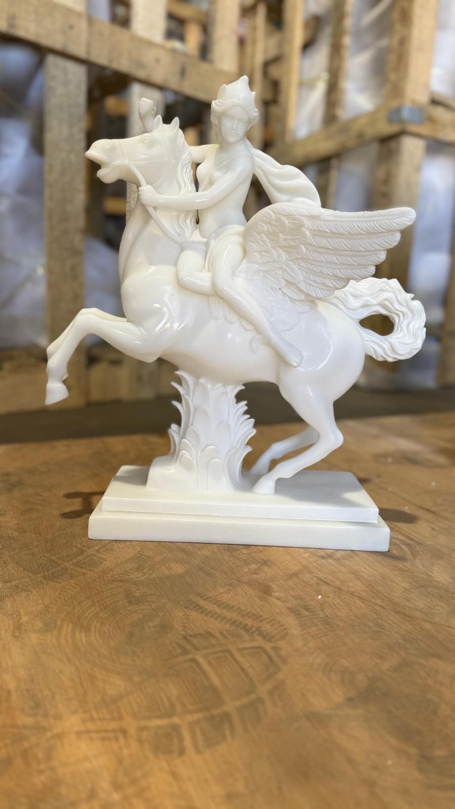 Exquisite Hand Carved White Marble Sculpture Of Pegasus And Rider photo furniture