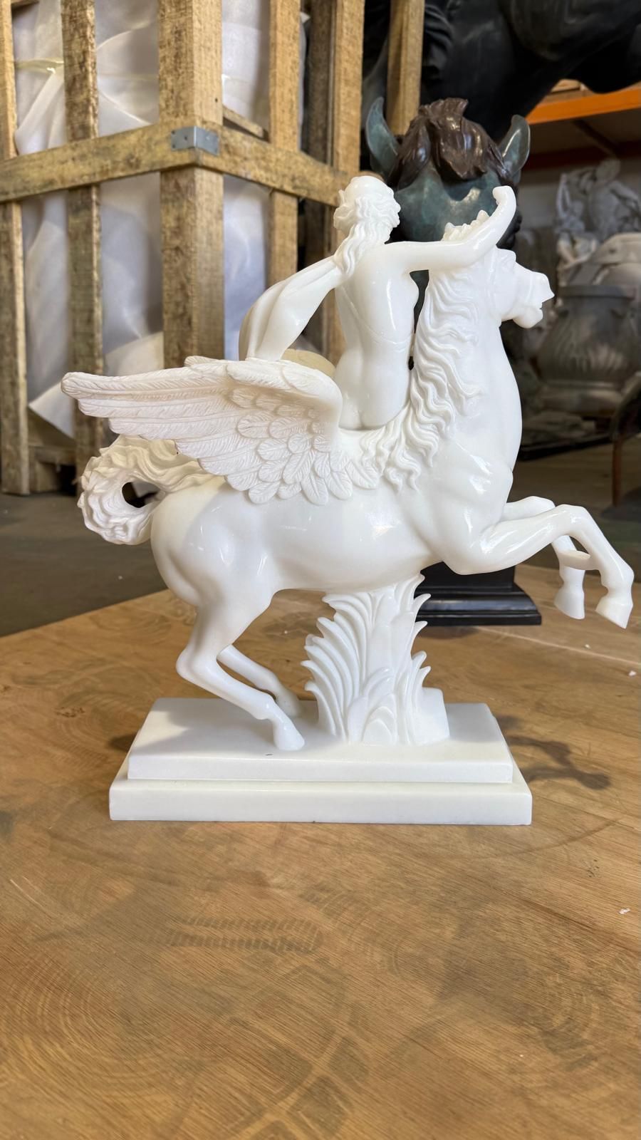 Exquisite Hand Carved White Marble Sculpture Of Pegasus And Rider photo Art