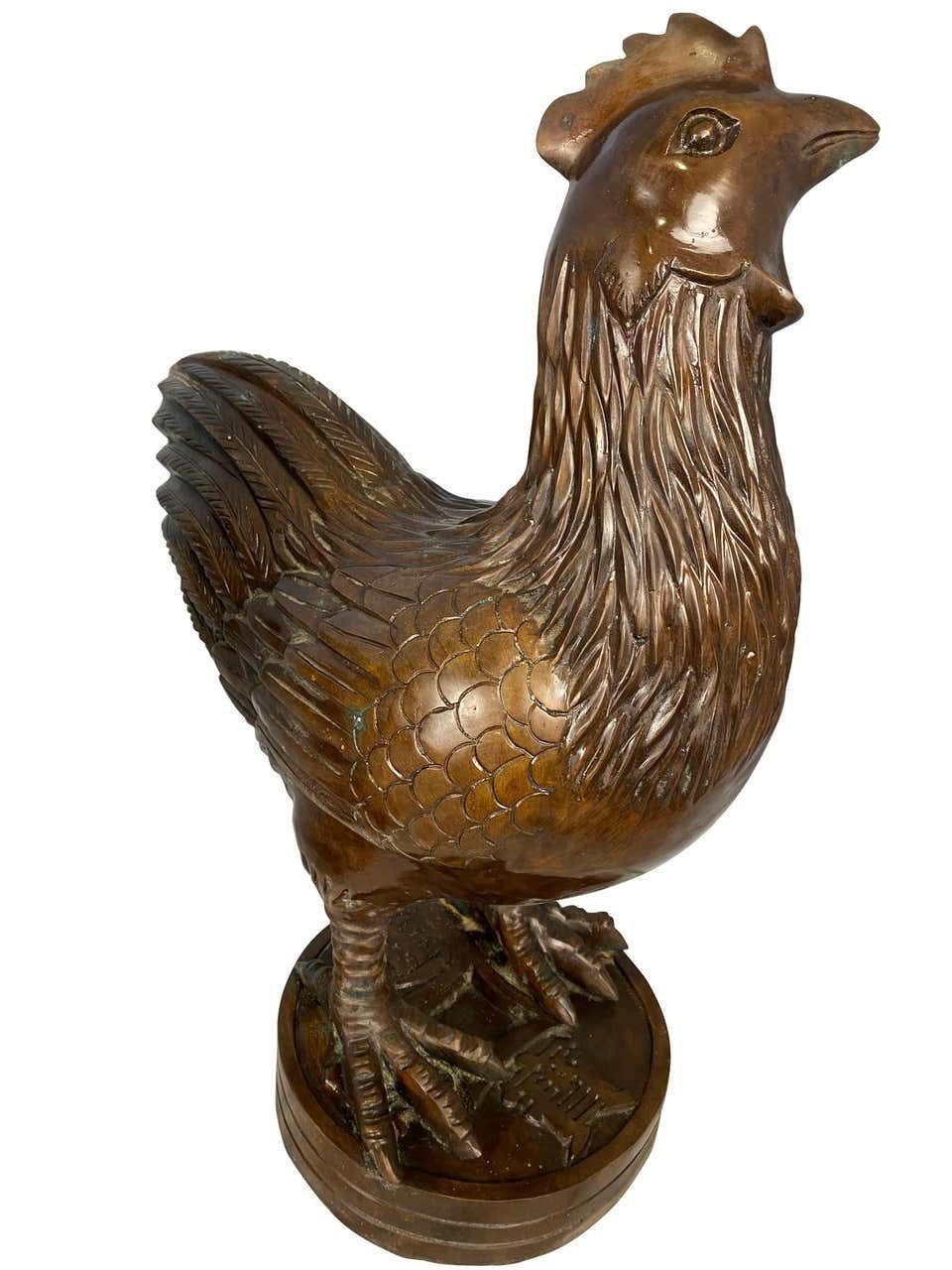 Pair Of Oriental Bronze Hen And Cockerel, 20th Century photo for sale