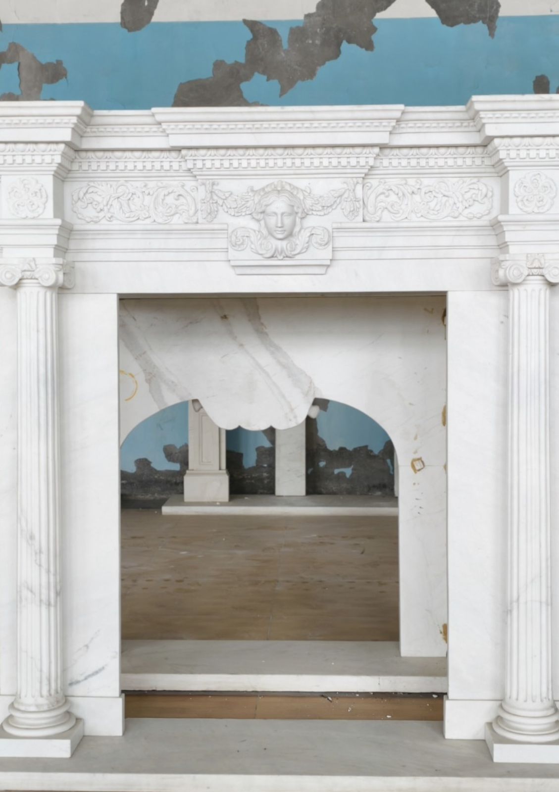 Grand Neoclassical White Marble Fireplace Mantle With Classical Mask photo for sale
