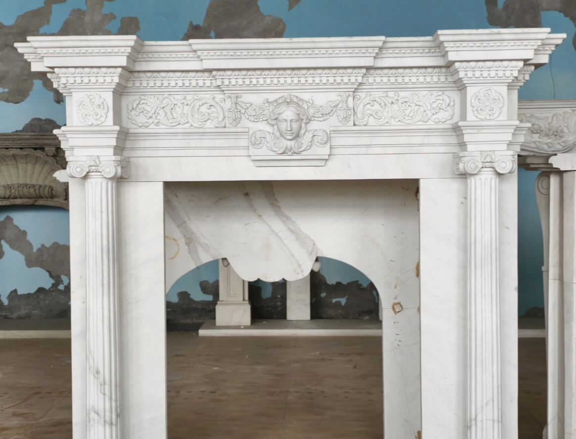 Grand Neoclassical White Marble Fireplace Mantle With Classical Mask photo 7500.0
