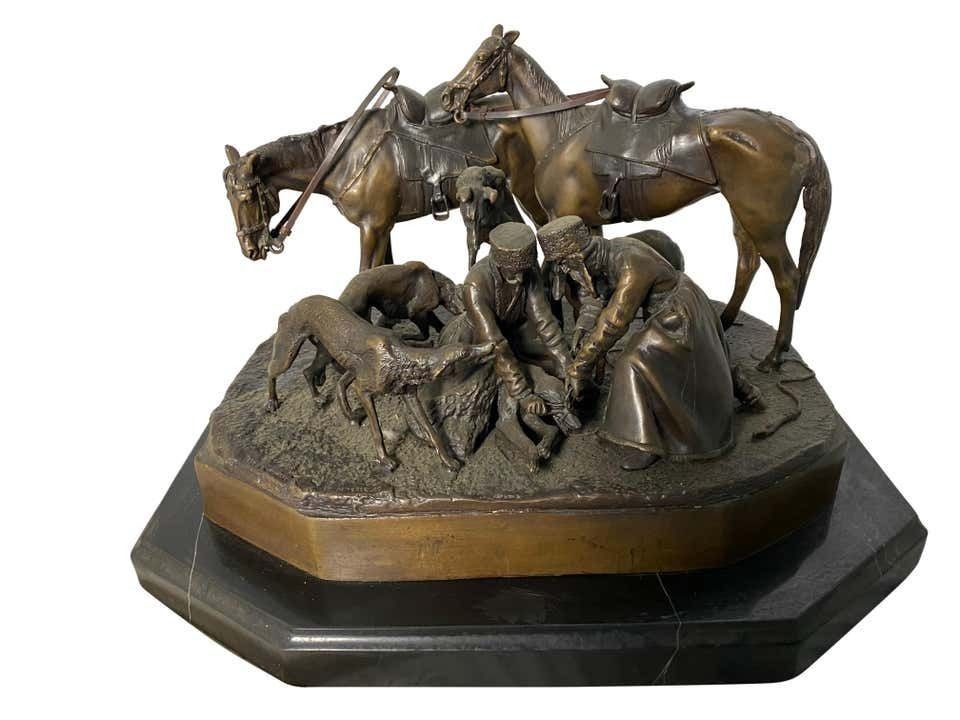 Bronze Sculpture Of Russian Hunting Party, 19th Century photo vintage