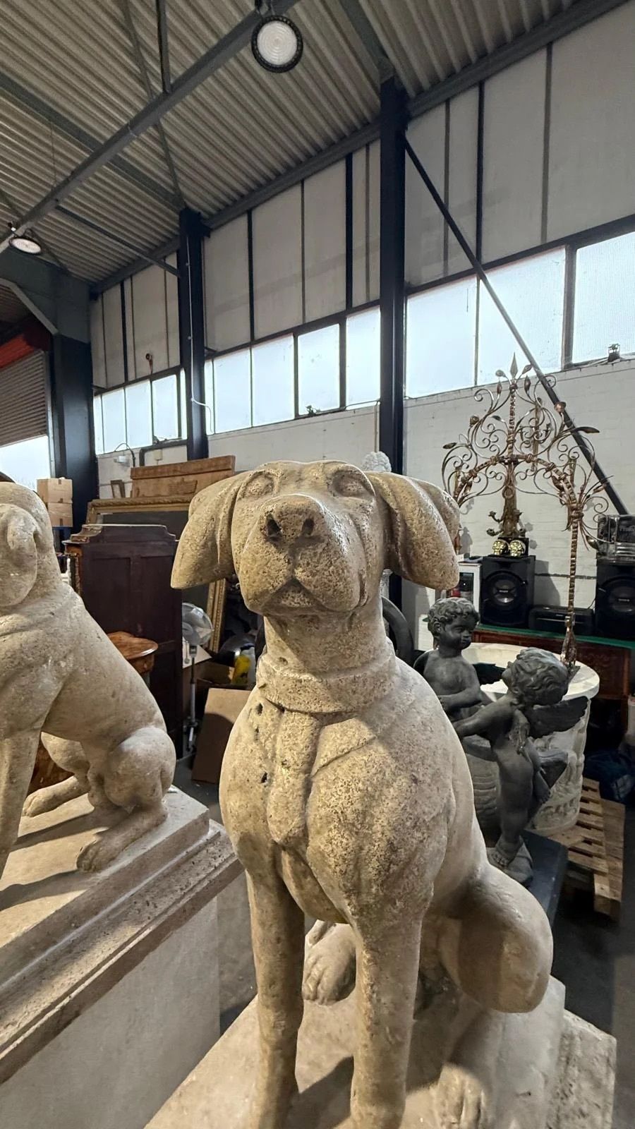 Pair Of Hand Carved Stone Dogs On Plinths – 20th Century photo Art
