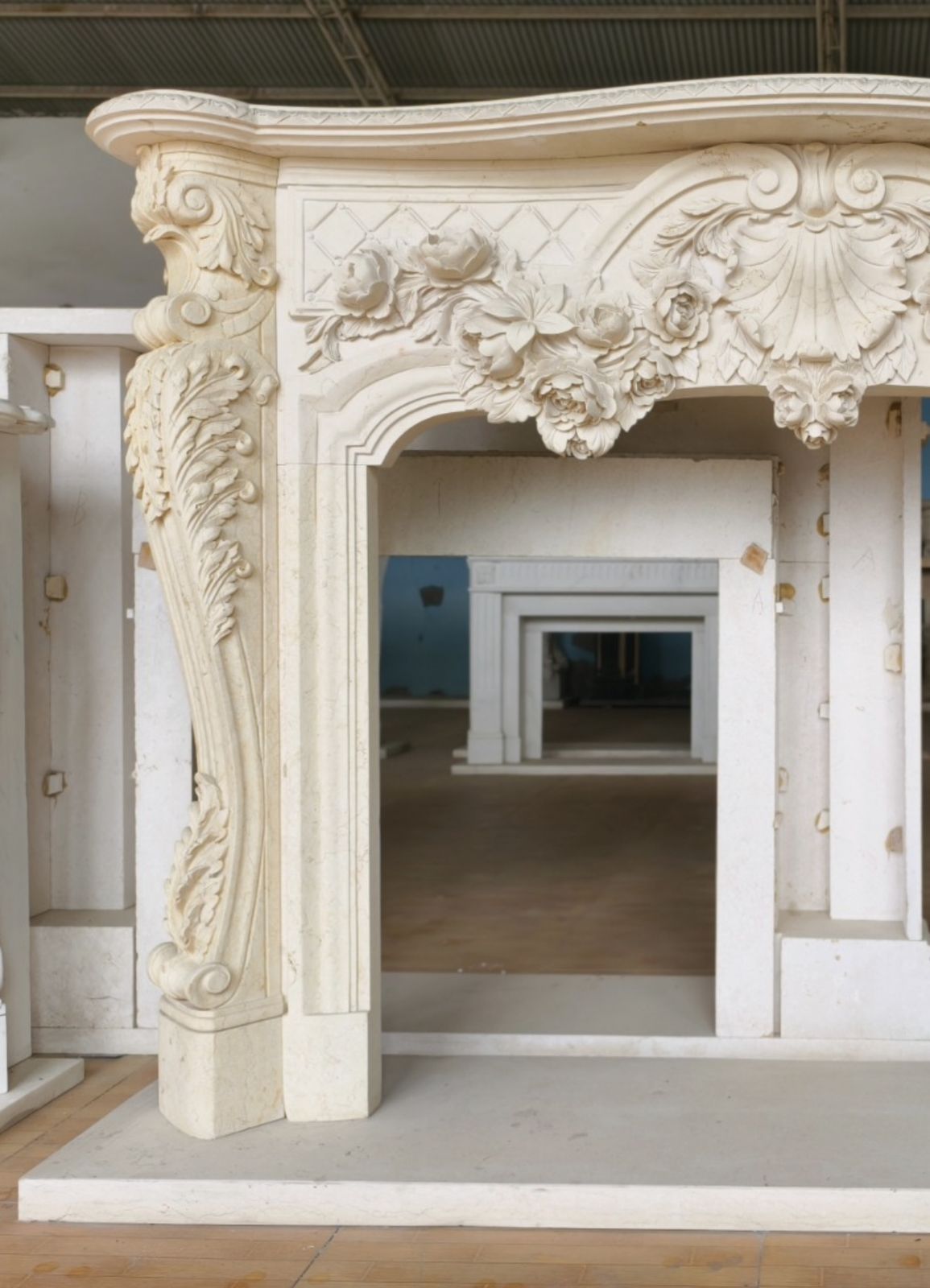 Lavish French Rococo Style Carved Fireplace Mantle With Floral Garland photo for sale