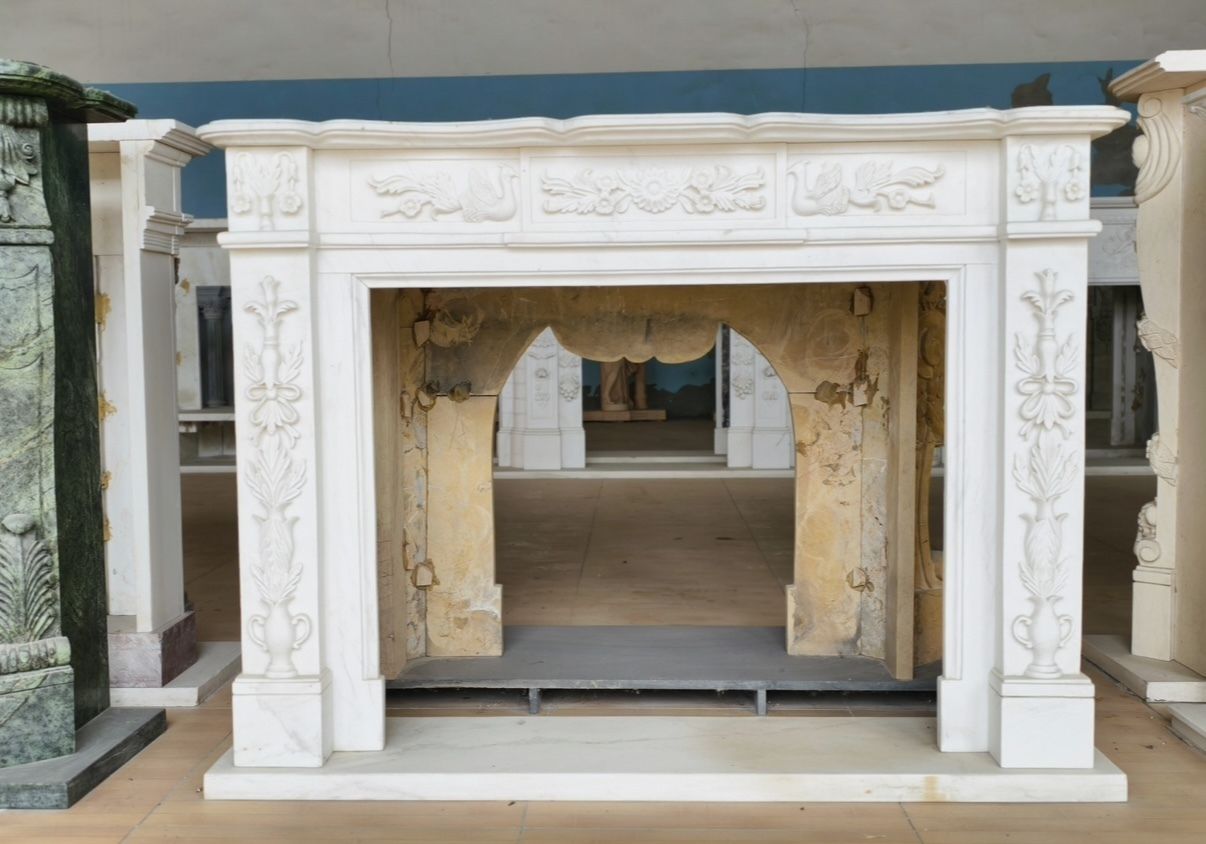 Elegant Hand Carved White Marble Fireplace Mantle With Swan And Floral Relief