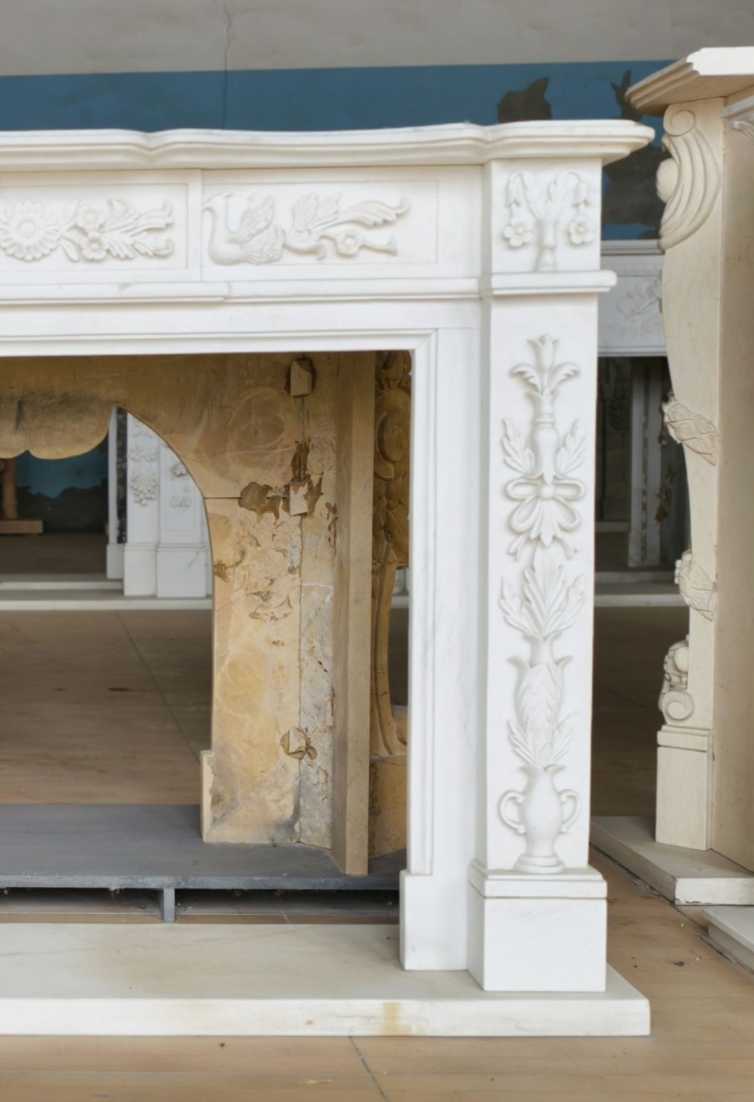Elegant Hand Carved White Marble Fireplace Mantle With Swan And Floral Relief photo 4500.0