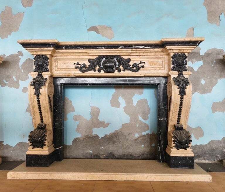 Dramatic Two Tone Baroque Style Marble Fireplace Mantle photo vinterior