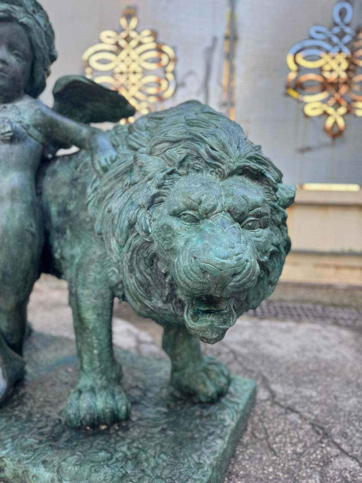 Pair Of Italian 1890s Bronze Lions And Cherubs Sculptures photo for sale