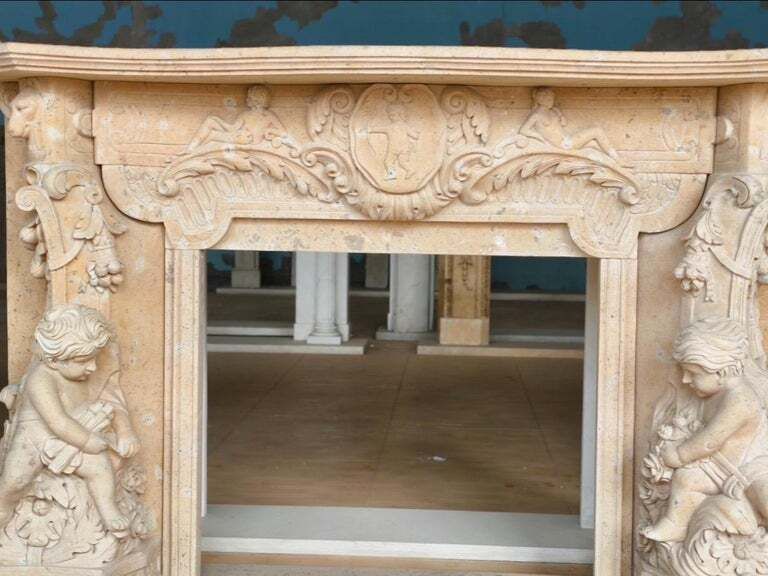 Romantic Hand Carved Fireplace Mantle With Cherubs And Shield Cartouch photo 7000.0
