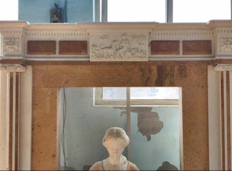 Elegant Neoclassical Marble Fireplace Mantle With Terracotta Inlay photo furniture