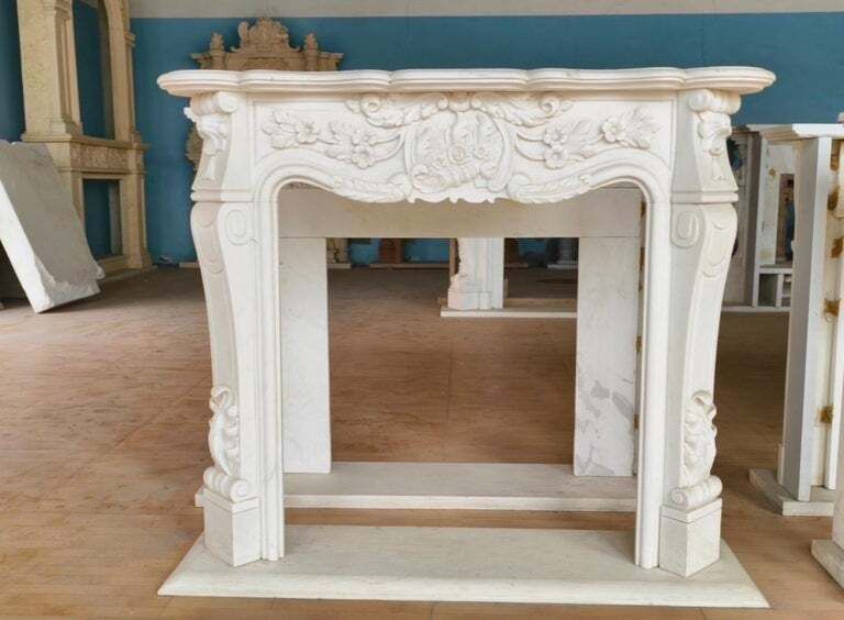 Graceful French Louis XV Style Hand Carved White Marble Fireplace Mantle