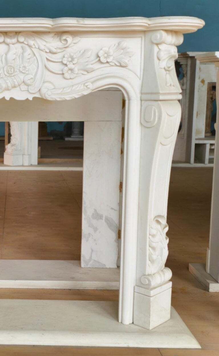 Graceful French Louis XV Style Hand Carved White Marble Fireplace Mantle photo for sale