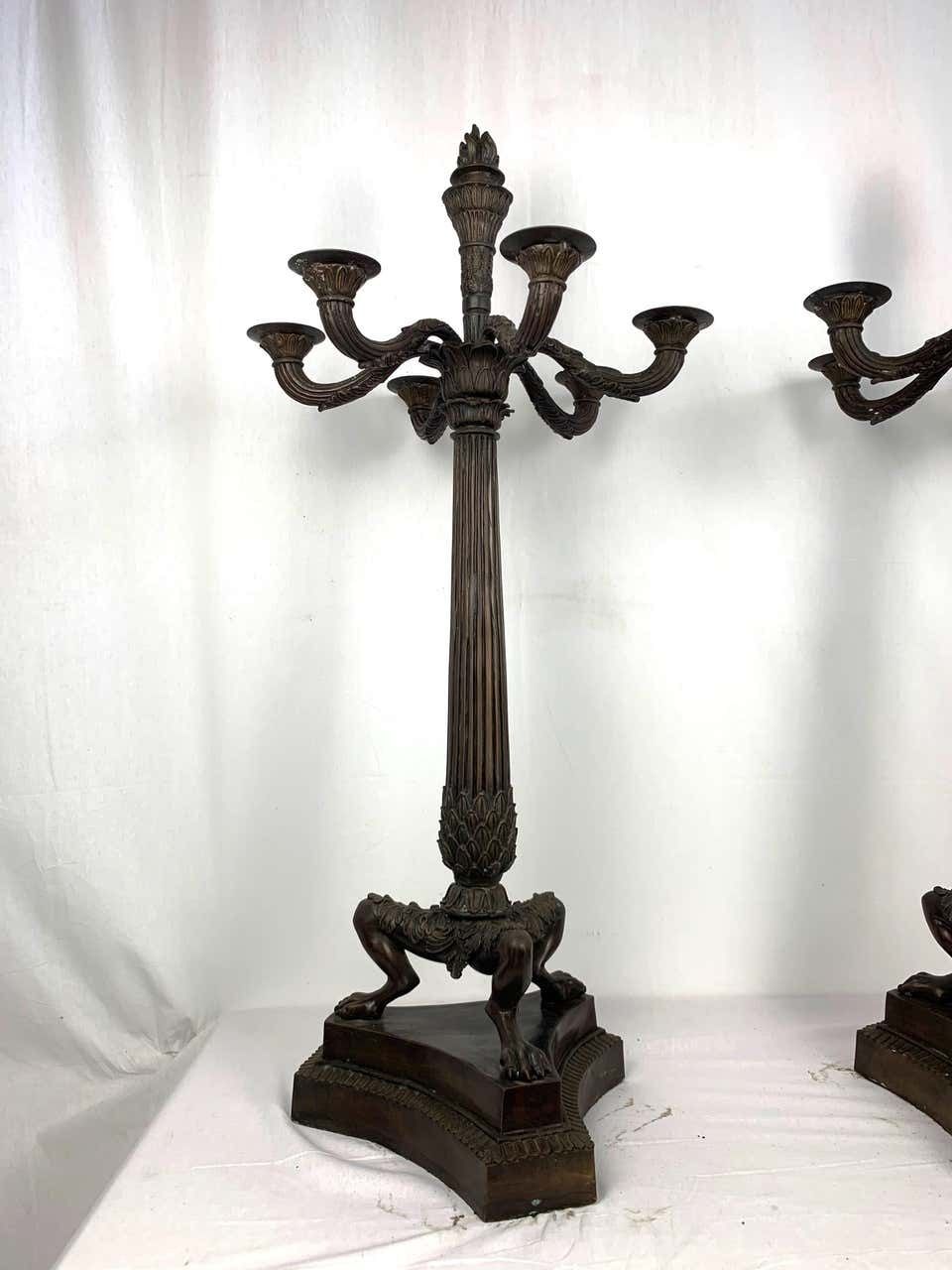 Pair Of Bronze Empire Candelabras, France photo vintage