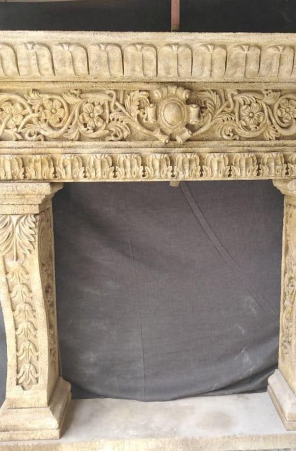 Solid Sandstone Fireplace Mantle With Floral Design – 20th Century photo for sale
