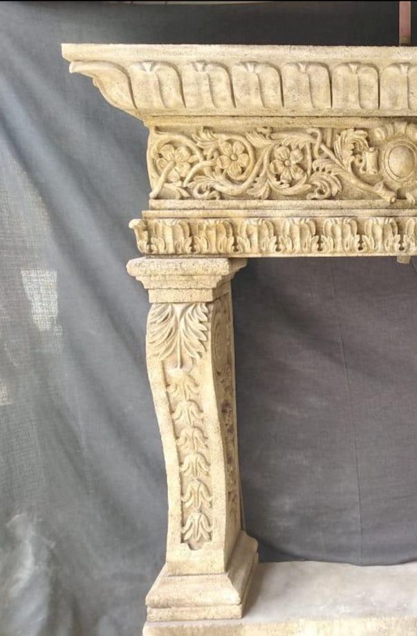 Solid Sandstone Fireplace Mantle With Floral Design – 20th Century photo 9500.0