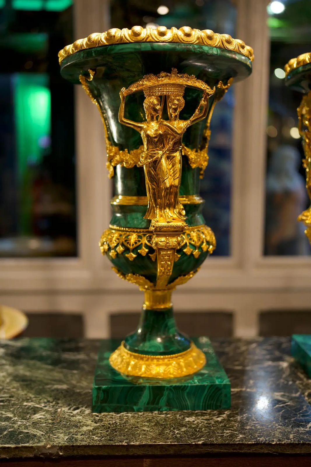 20th Century Pair Monumental Gilt Bronze Mounted Malachite Urns photo for sale