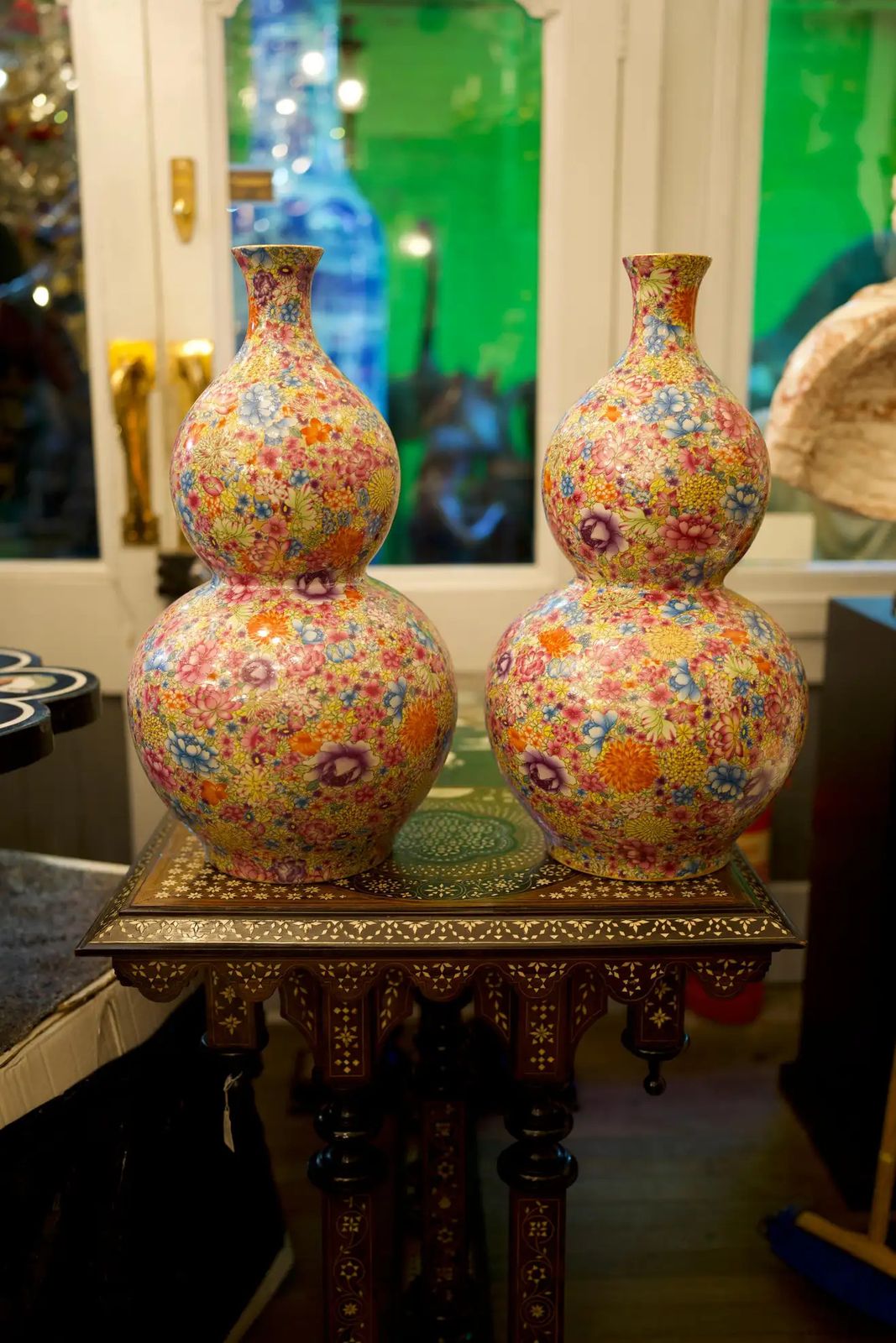 Pair Of Oriental Double Gourd Mille Fleur Vases, 20th Century photo for sale
