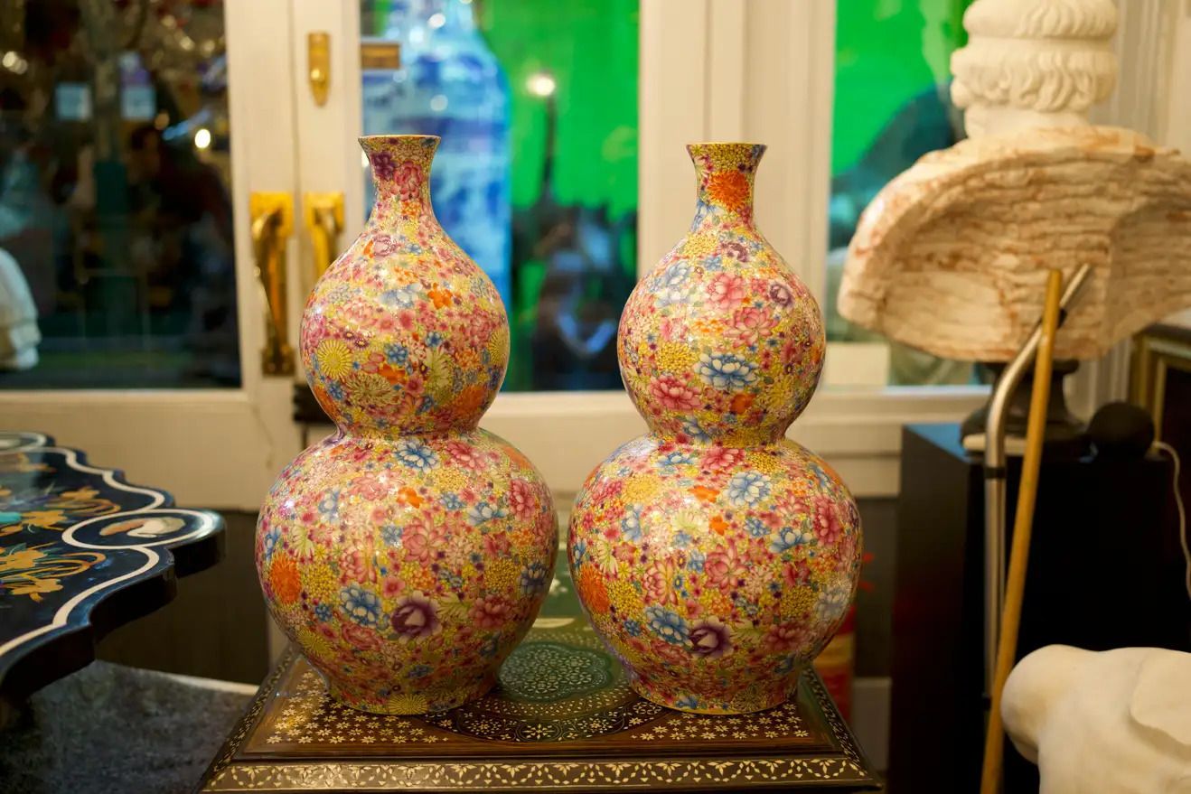 Pair Of Oriental Double Gourd Mille Fleur Vases, 20th Century photo vinterior