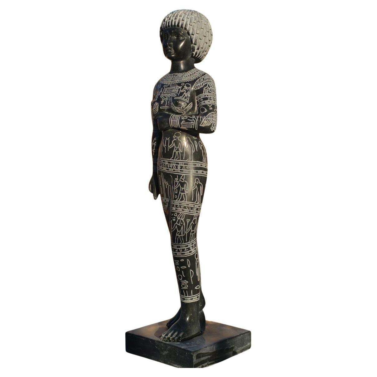 Black Marble Female Sculpture With Engraved Egyptian Hieroglyphs On Marble Base