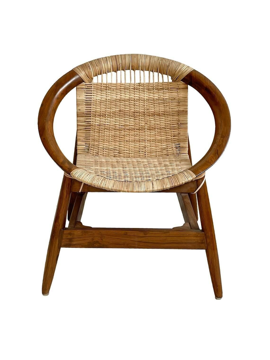 Furniture Handcrafted Teakwood & Cane Lounge Chair – Sculptural Curved Frame, Woven Seat For Indoor & Outdoor Use photo