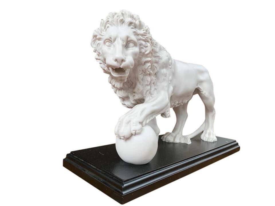 Pair Of Marble Lion Gatekeeper Statues, Large Cat Castings photo Art