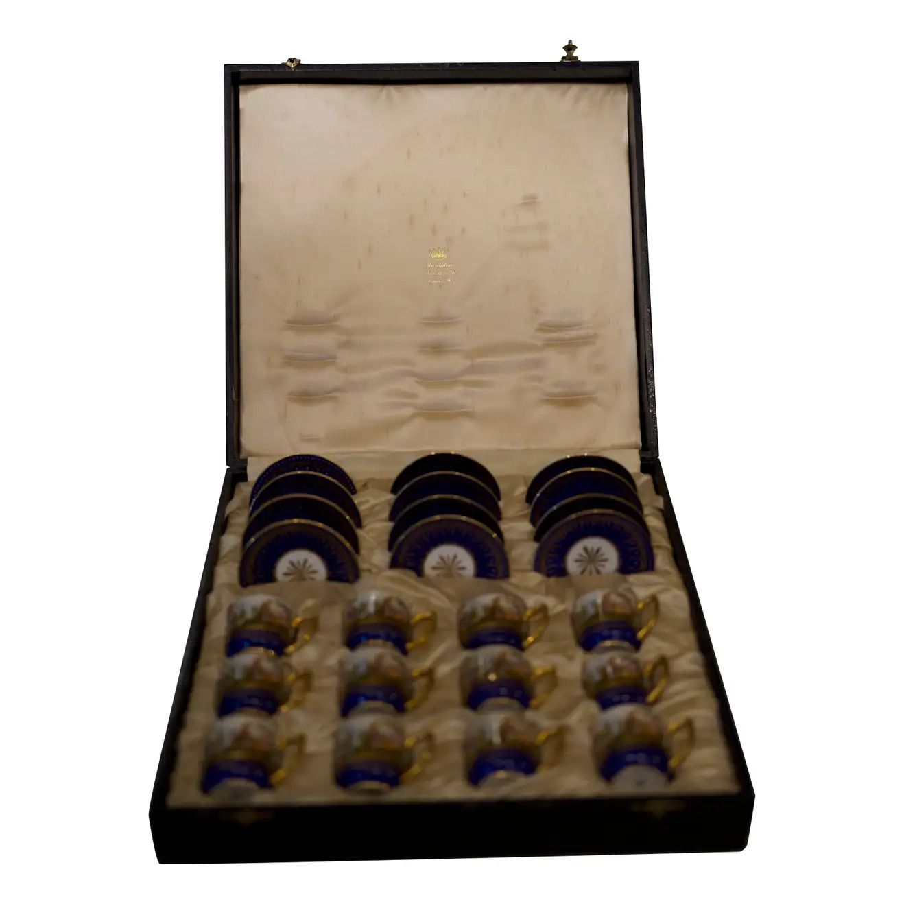 19th Century Porcelain, 12 Piece Painted Cups And Saucers Cobalt Blue