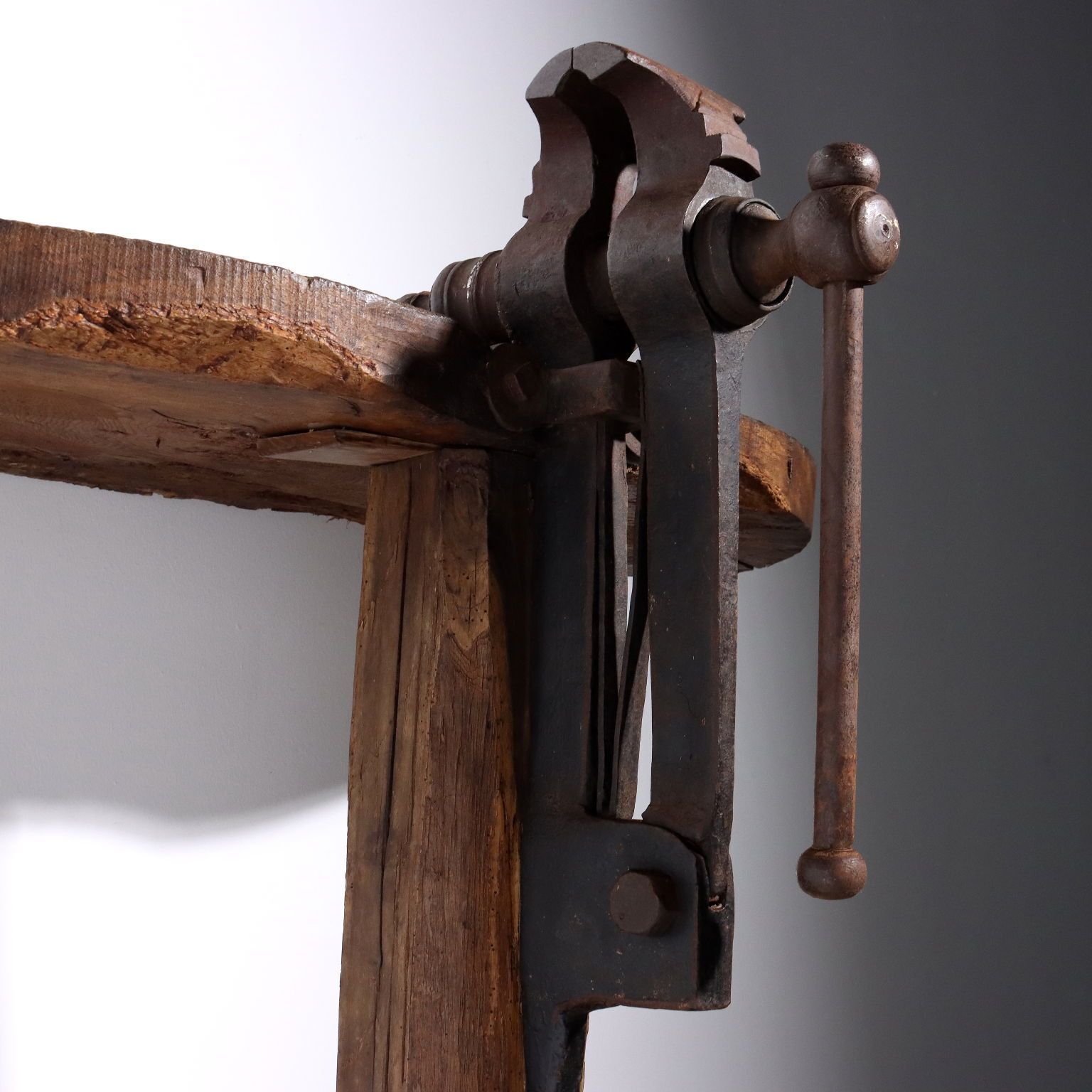 Antique Shelf Oak Wrought Iron Vise Italy XX Century Restored photo Furniture