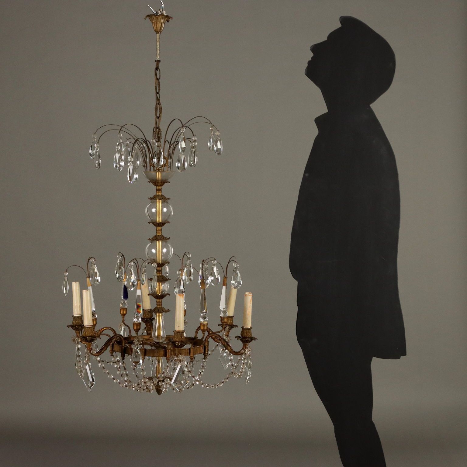 Antique Chandelier Burnished Metal 6 Branches Glass Italy XX Century photo furniture