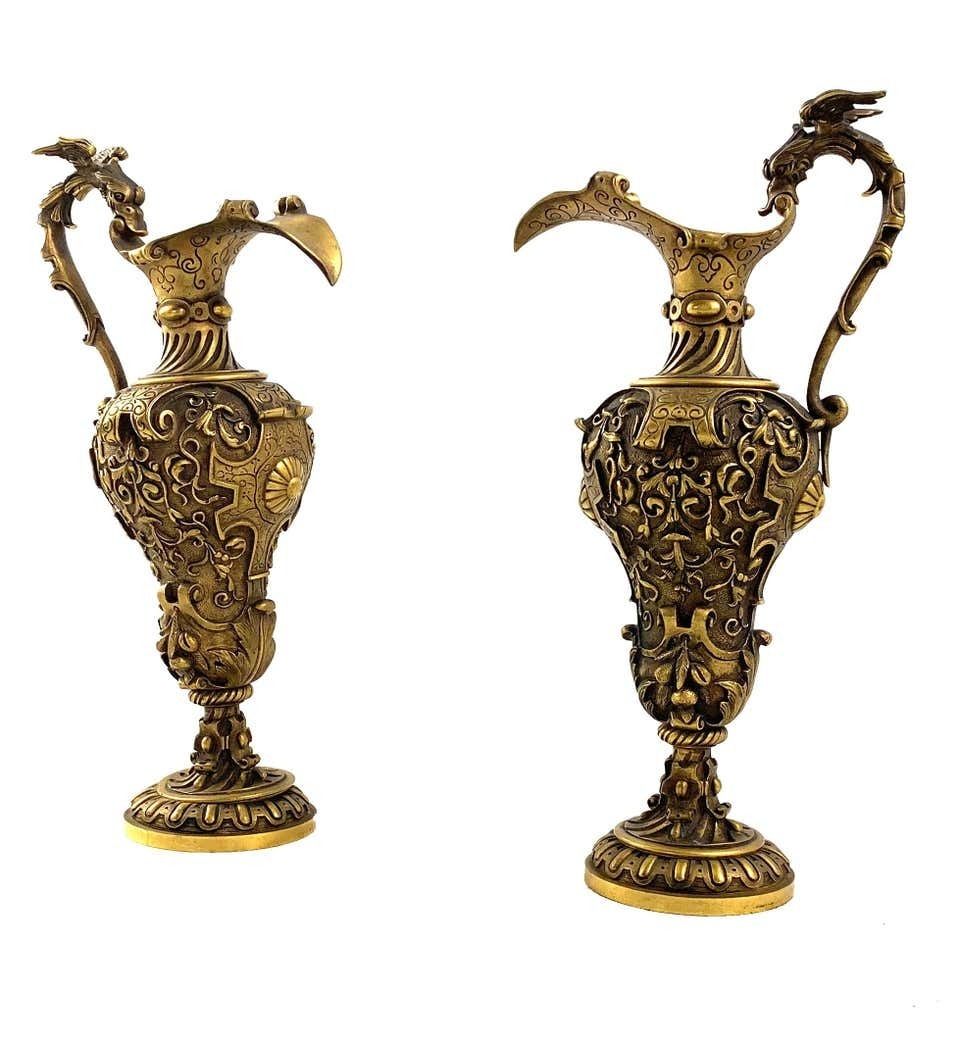 19th Century Pair Of Italian Renaissance Revival Cast Gilt Bronze Ewers photo for sale