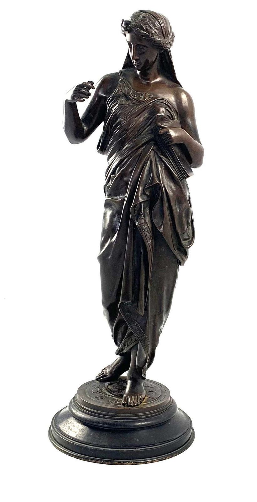 photo for sale 19th Century Bronze Of A Women Draped In Robes On A Circular Zodiac Base