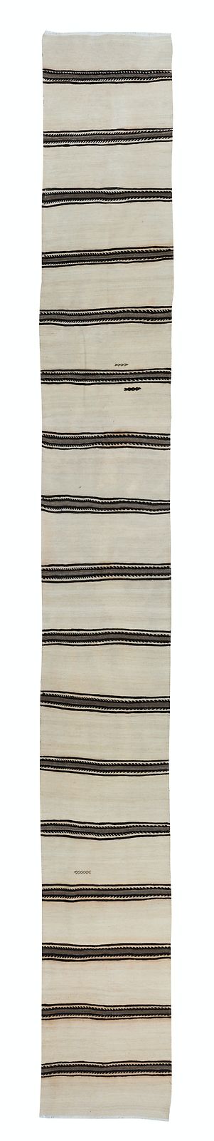 2.2x17.6 Ft Handmade Cream Narrow & Long Runner Kilim With Black & Gray Stripes