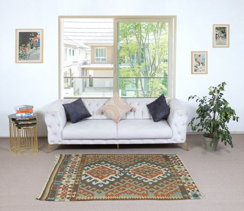 3.8x6 Ft Vintage Handwoven Turkish Wool Kilim Rug With Geometric Patterns photo furniture