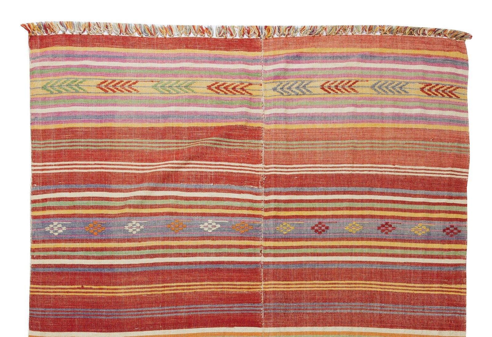 5.8x7.8 Ft Banded Handmade Vintage Turkish Kilim Rug Made Of Wool, Reversible photo Textiles