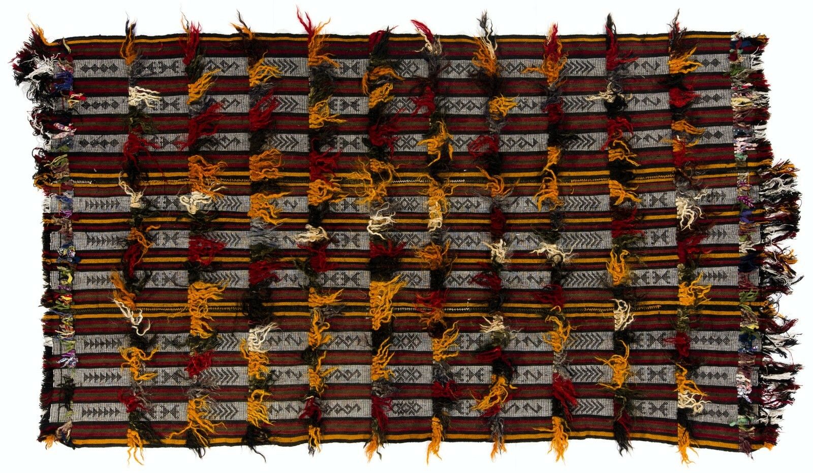 5.2x9.2 Ft Banded Tribal Kilim, Floor Covering With Wool And Cotton Poms photo Textiles