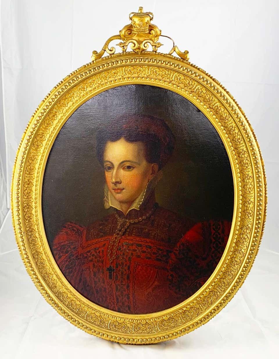 19th Century Continental Oil On Canvas Of A Lady In 16th Century Dress photo furniture