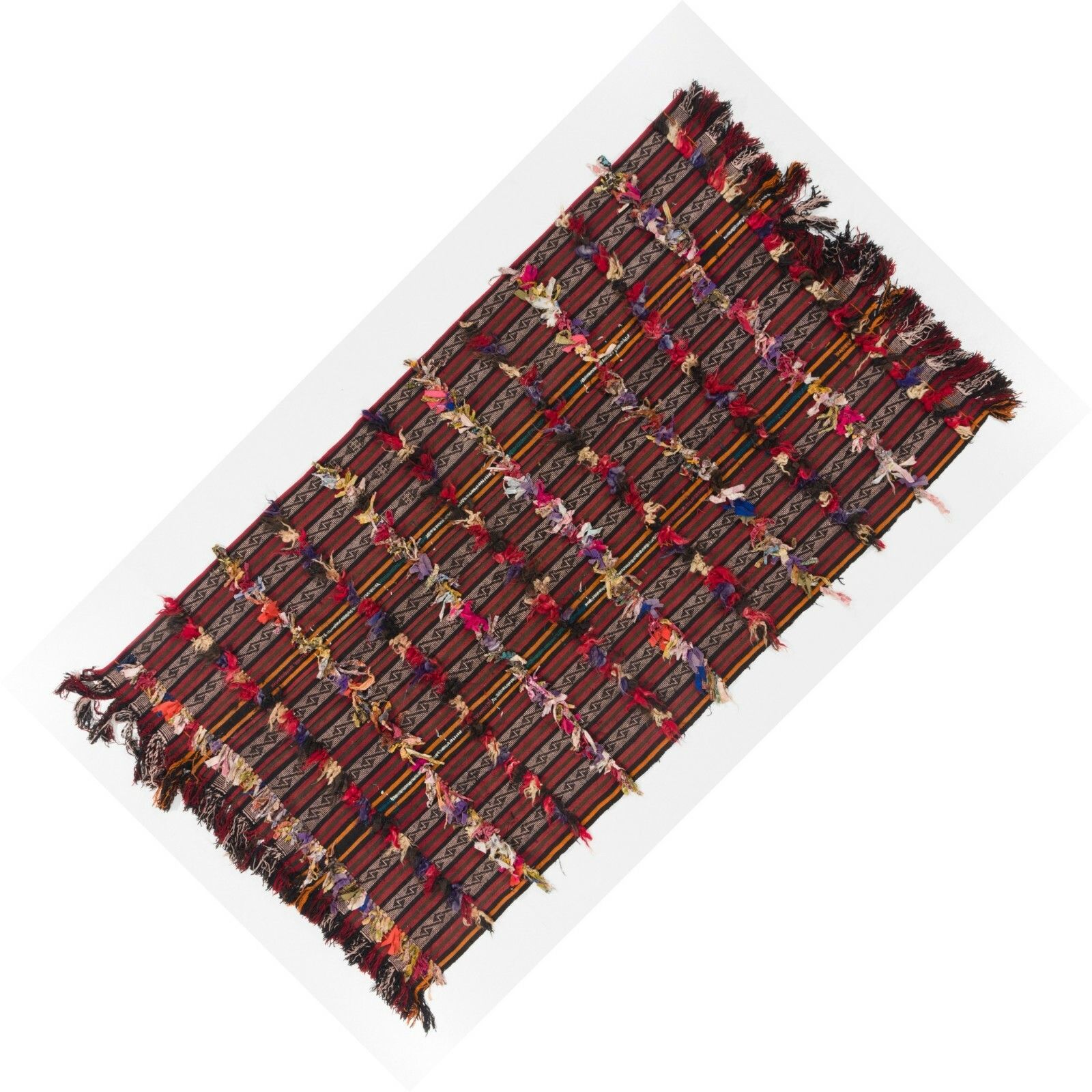 4.7x8.3 Ft Banded Tribal Kilim Rug With Colorful Poms photo Textiles