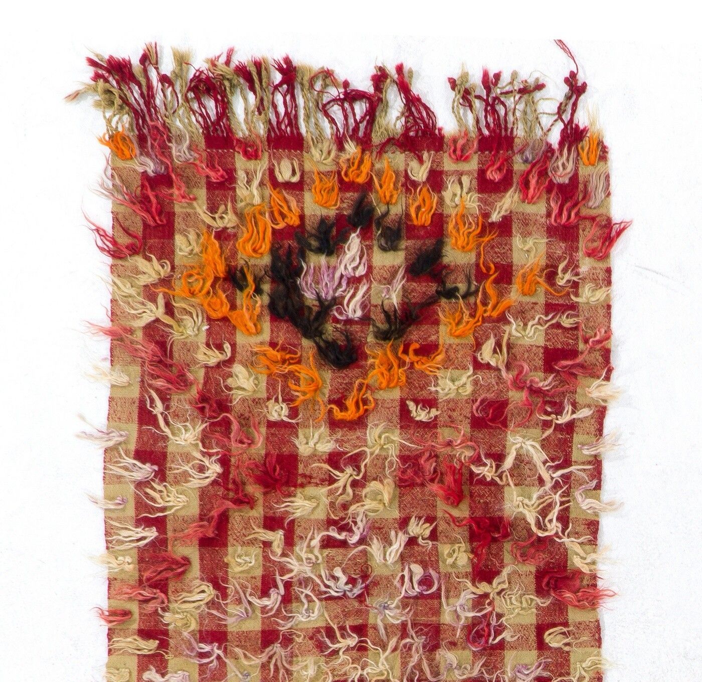 3x7 Ft Checkered Vintage Kilim Rug With Red, Mint Green Colors And Wool Pom Poms photo furniture