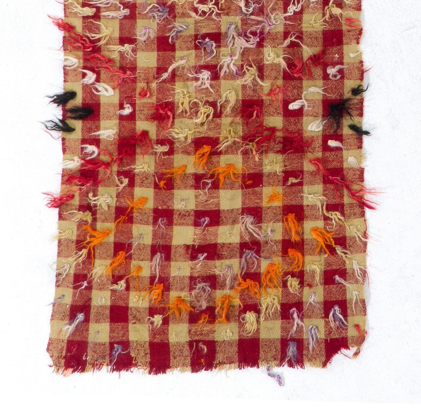 3x7 Ft Checkered Vintage Kilim Rug With Red, Mint Green Colors And Wool Pom Poms photo for sale