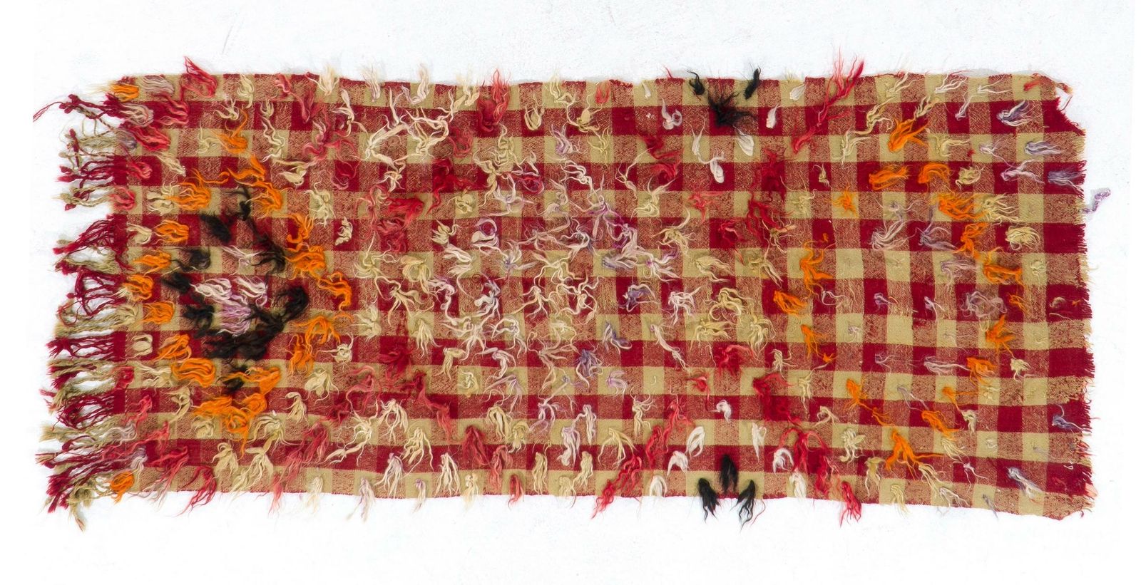 3x7 Ft Checkered Vintage Kilim Rug With Red, Mint Green Colors And Wool Pom Poms photo 360.0