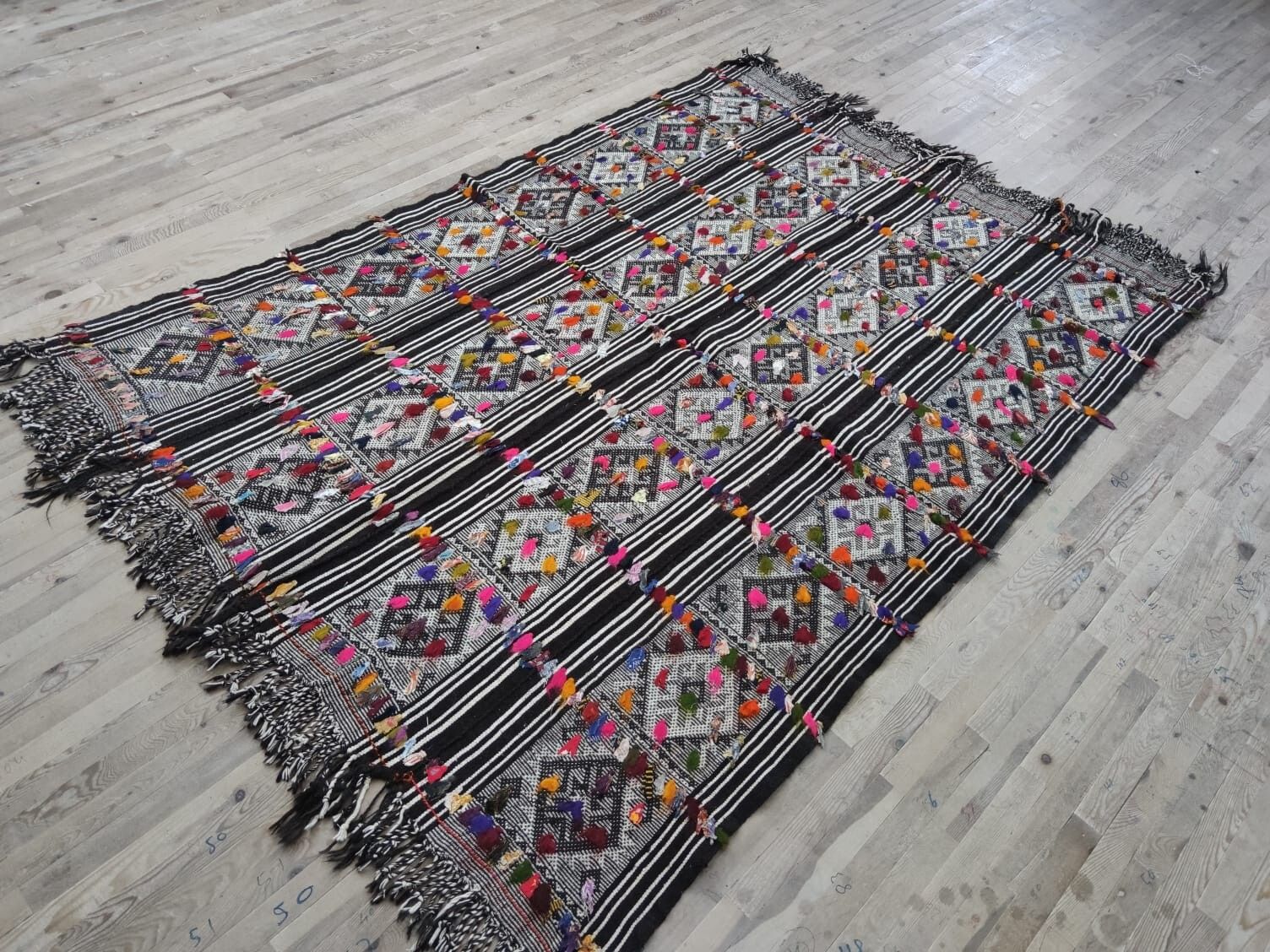 5.6x7.3 Ft Hand Woven Vintage Turkish Kilim Rug (Flat Weave) With Colorful Pomps photo furniture