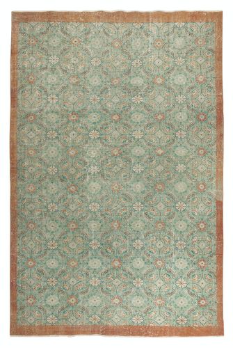 7.3x11 Ft Vintage Hand Made Green Area Rug With Floral Design & Solid Red Border