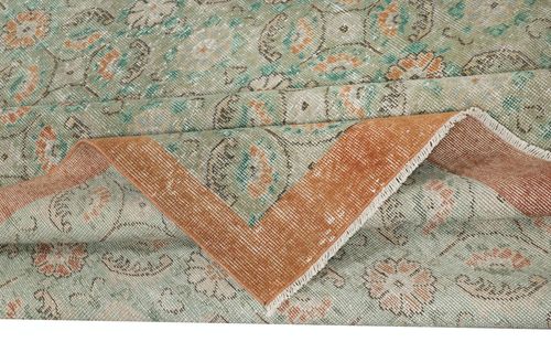 7.3x11 Ft Vintage Hand Made Green Area Rug With Floral Design & Solid Red Border photo for sale