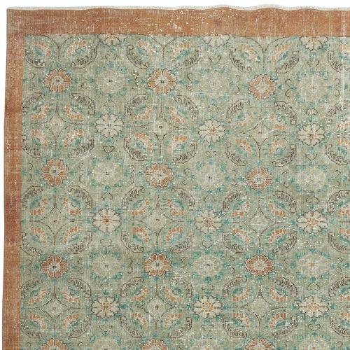 7.3x11 Ft Vintage Hand Made Green Area Rug With Floral Design & Solid Red Border photo Textiles