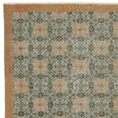 4x7 Ft Vintage Hand Made Green Area Rug With Floral Design & Solid Orange Border photo Textiles