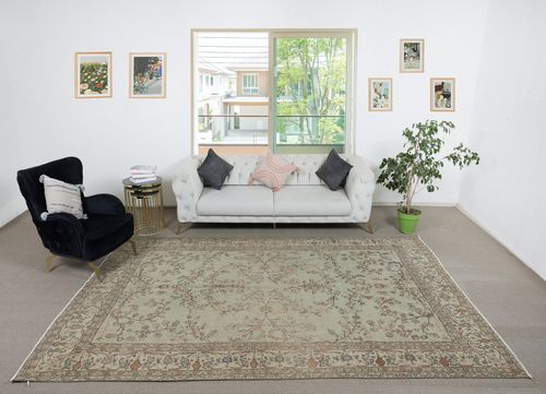 7.6x11.6 Ft Vintage Handmade Soft Green Rug. Unique Floral Design Turkish Carpet photo furniture