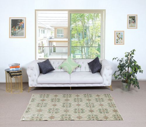 3.8x6.7 Ft One Of A Pair Vintage Handmade Turkish Accent Rug With Floral Design photo furniture
